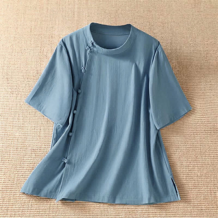 Buddha Stones Camisas de manga corta para mujer, estilo Tang, informales de verano, con cuello redondo y botones de rana. - Azul claro - US8-10, UK/AU12-14, EU40-42 (2XL) - image 0