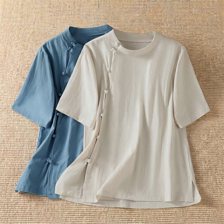 Buddha Stones Camisas de manga corta para mujer, estilo Tang, informales de verano, con cuello redondo y botones de rana. - image 14