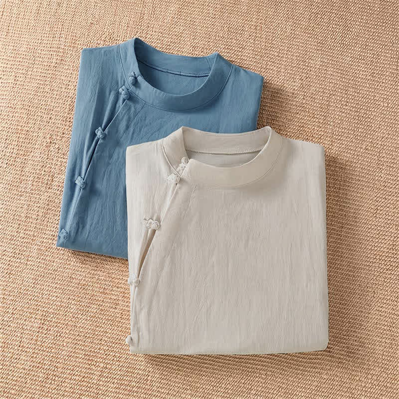 Buddha Stones Camisas de manga corta para mujer, estilo Tang, informales de verano, con cuello redondo y botones de rana. - image 15