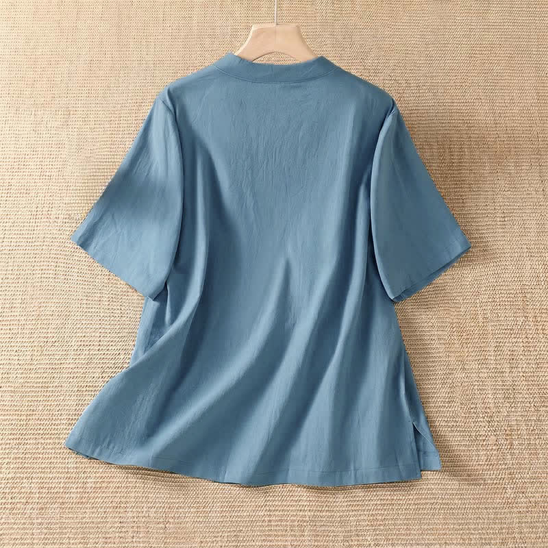 Buddha Stones Camisas de manga corta para mujer, estilo Tang, informales de verano, con cuello redondo y botones de rana. - image 1