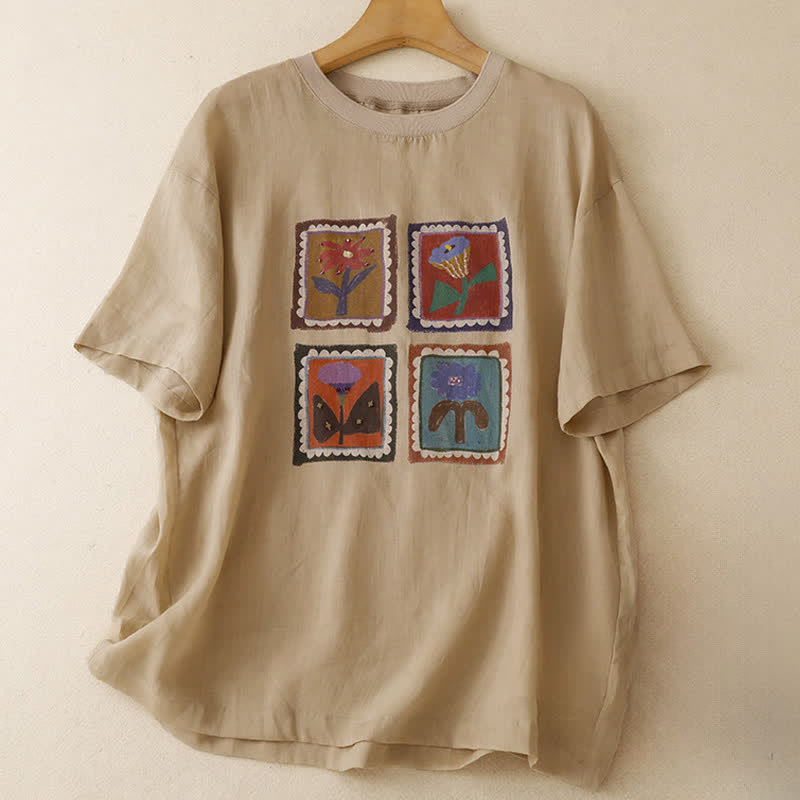 Buddha Stones Camisetas de manga corta para mujer con estampado floral vintage y patchwork cuadrado, ideales para el verano. - vara de oro pálida - US12, UK/AU16, EU44 (2XL) - image 0