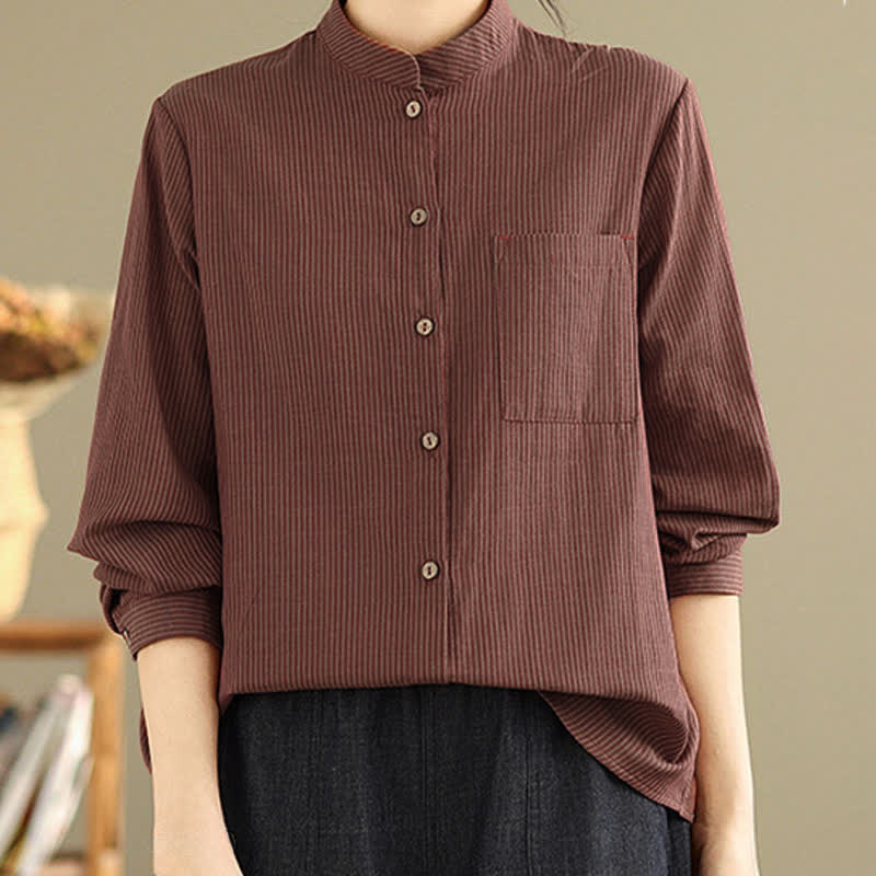 Buddha Stones Camisas de manga larga para mujer estilo Tang casual de verano con cuello mandarín y rayas, con bolsillo de parche. - image 13