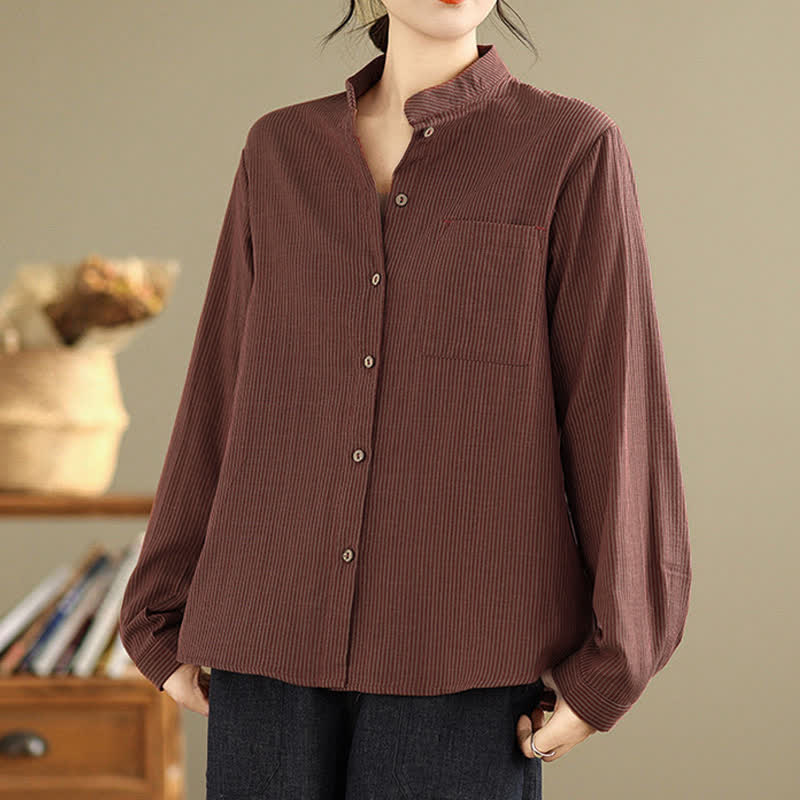 Buddha Stones Camisas de manga larga para mujer estilo Tang casual de verano con cuello mandarín y rayas, con bolsillo de parche. - image 10