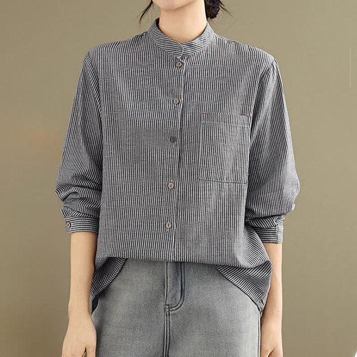Buddha Stones Camisas de manga larga para mujer estilo Tang casual de verano con cuello mandarín y rayas, con bolsillo de parche. - image 4