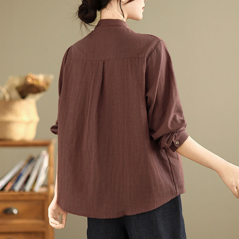 Buddha Stones Camisas de manga larga para mujer estilo Tang casual de verano con cuello mandarín y rayas, con bolsillo de parche. - image 11