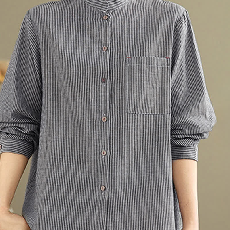 Buddha Stones Camisas de manga larga para mujer estilo Tang casual de verano con cuello mandarín y rayas, con bolsillo de parche. - image 6