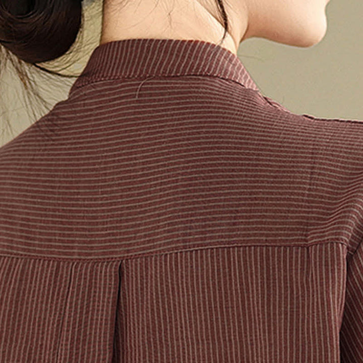 Buddha Stones Camisas de manga larga para mujer estilo Tang casual de verano con cuello mandarín y rayas, con bolsillo de parche. - image 16