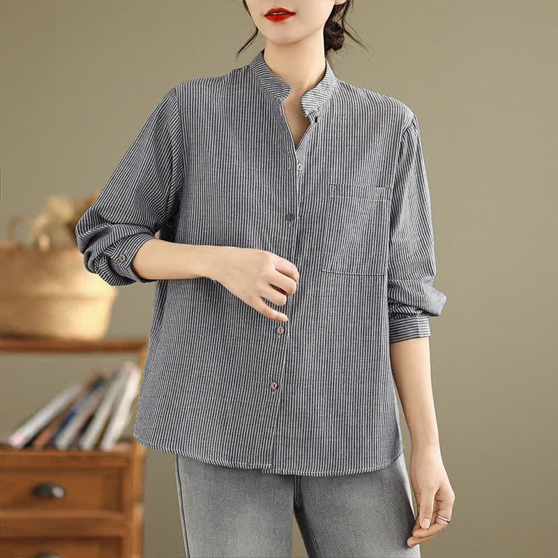 Buddha Stones Camisas de manga larga para mujer estilo Tang casual de verano con cuello mandarín y rayas, con bolsillo de parche. - Gris - US8-10, UK/AU12-14, EU40-42 (2XL) - image 0