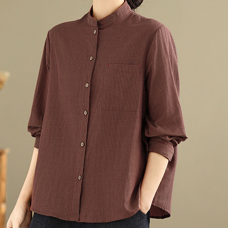 Buddha Stones Camisas de manga larga para mujer estilo Tang casual de verano con cuello mandarín y rayas, con bolsillo de parche. - image 12