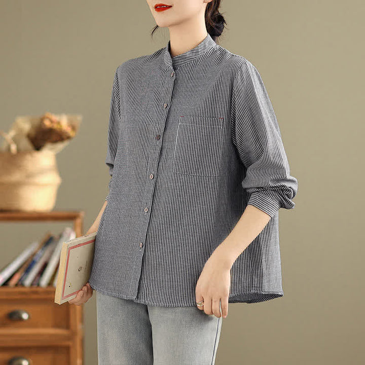 Buddha Stones Camisas de manga larga para mujer estilo Tang casual de verano con cuello mandarín y rayas, con bolsillo de parche. - image 1