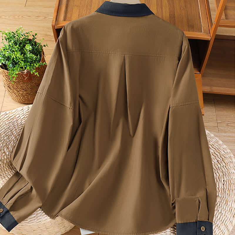 Buddha Stones Camisas de manga larga para mujer, estilo casual de verano, minimalistas, lisas, con ribete de contraste y bolsillo de parche. - image 10