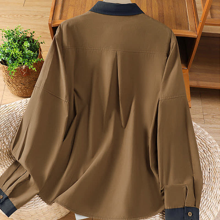 Buddha Stones Camisas de manga larga para mujer, estilo casual de verano, minimalistas, lisas, con ribete de contraste y bolsillo de parche. - image 10