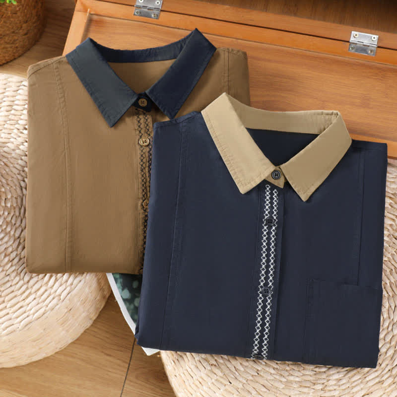 Buddha Stones Camisas de manga larga para mujer, estilo casual de verano, minimalistas, lisas, con ribete de contraste y bolsillo de parche. - image 20