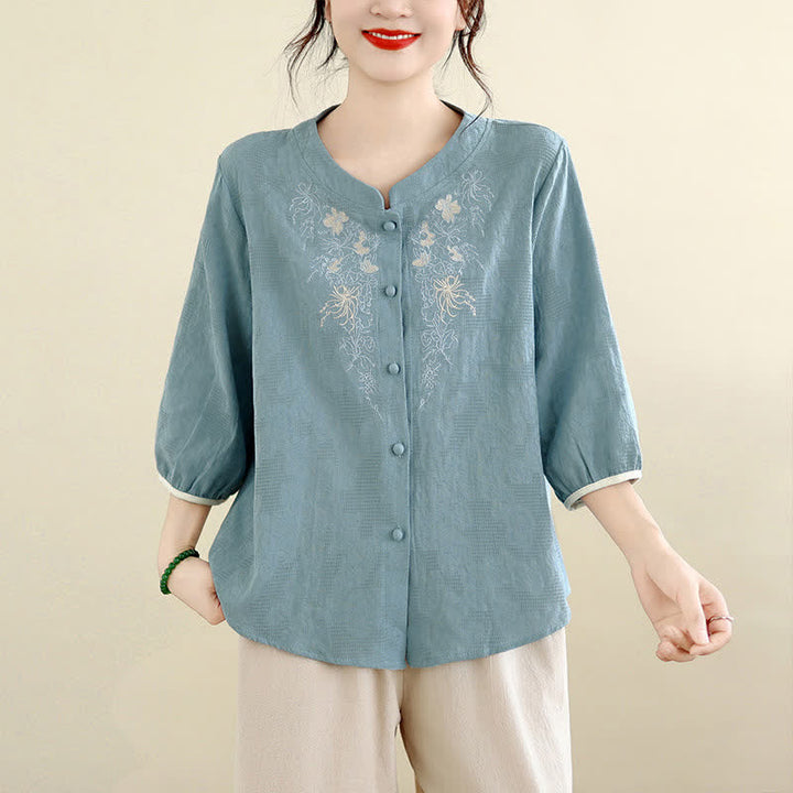 Buddha Stones Camisas de manga tres cuartos para mujer, estilo vintage Tang, con bordado floral, ideales para el verano. - Azul claro - US12, UK/AU16, EU44 (3XL) - image 18