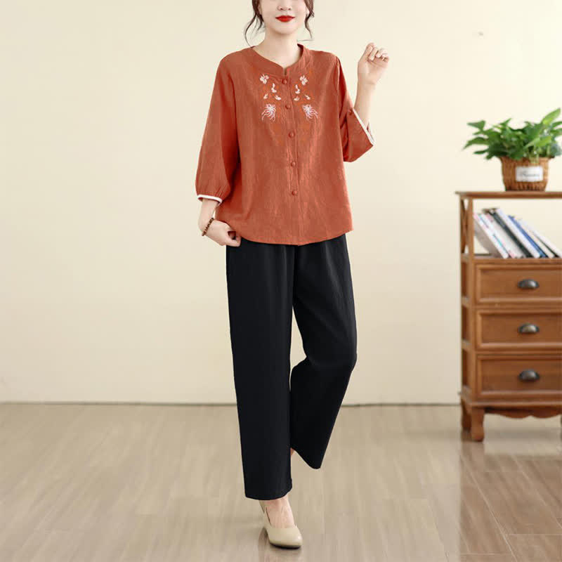 Buddha Stones Camisas de manga tres cuartos para mujer, estilo vintage Tang, con bordado floral, ideales para el verano. - image 15