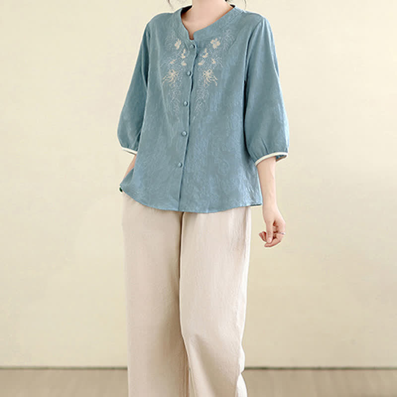 Buddha Stones Camisas de manga tres cuartos para mujer, estilo vintage Tang, con bordado floral, ideales para el verano. - image 19