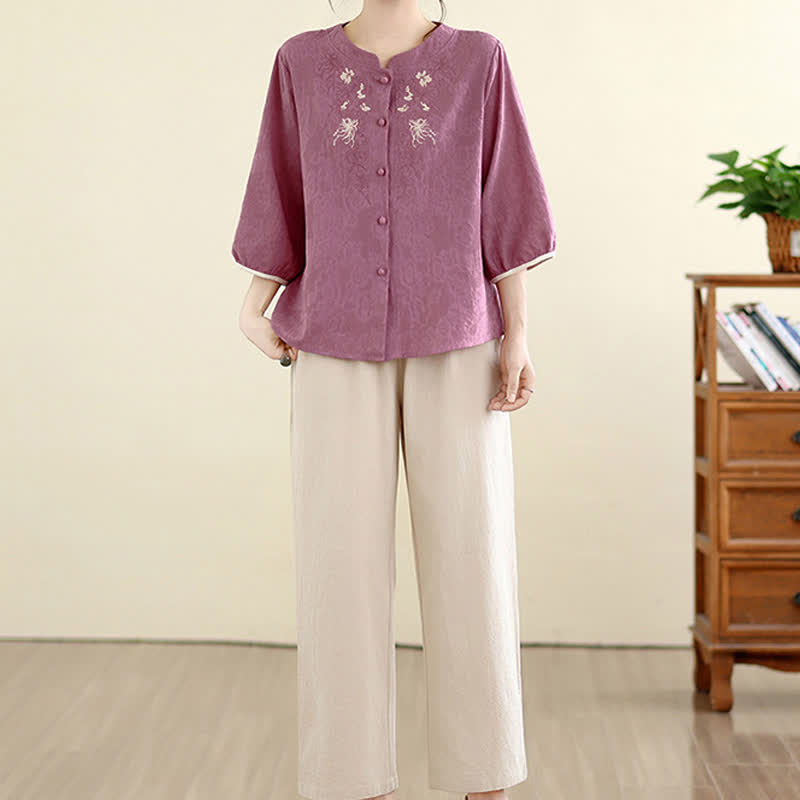 Buddha Stones Camisas de manga tres cuartos para mujer, estilo vintage Tang, con bordado floral, ideales para el verano. - image 1