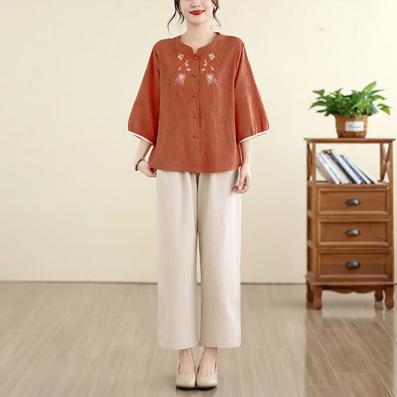 Buddha Stones Camisas de manga tres cuartos para mujer, estilo vintage Tang, con bordado floral, ideales para el verano. - image 13