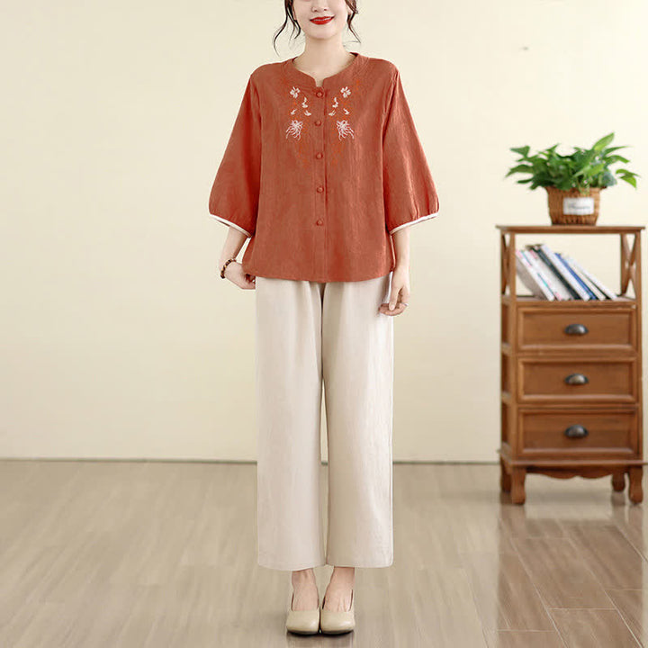 Buddha Stones Camisas de manga tres cuartos para mujer, estilo vintage Tang, con bordado floral, ideales para el verano. - image 13