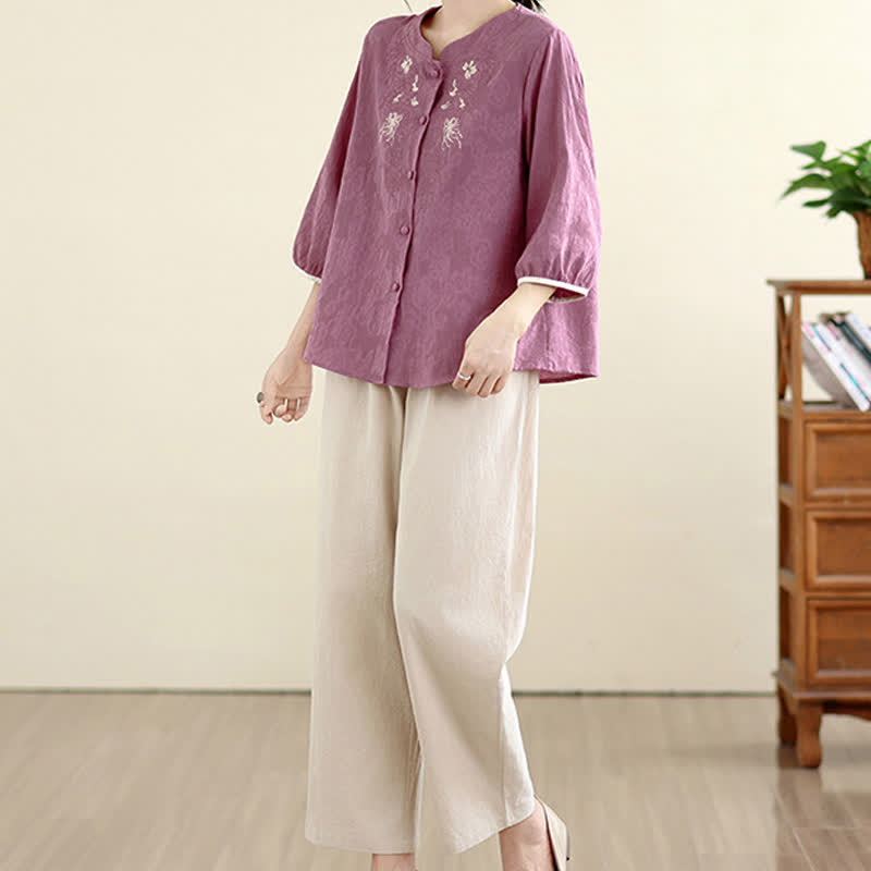 Buddha Stones Camisas de manga tres cuartos para mujer, estilo vintage Tang, con bordado floral, ideales para el verano. - image 3