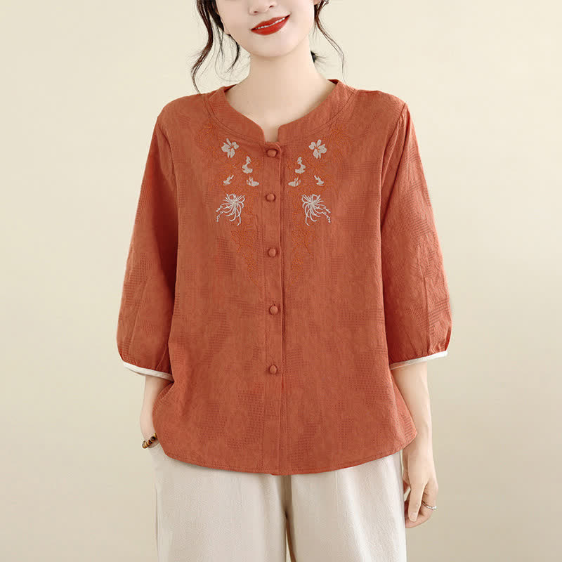 Buddha Stones Camisas de manga tres cuartos para mujer, estilo vintage Tang, con bordado floral, ideales para el verano. - Coral - US12, UK/AU16, EU44 (3XL) - image 10
