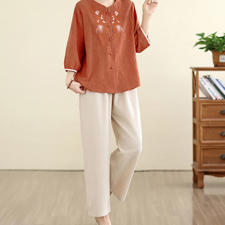 Buddha Stones Camisas de manga tres cuartos para mujer, estilo vintage Tang, con bordado floral, ideales para el verano. - image 14