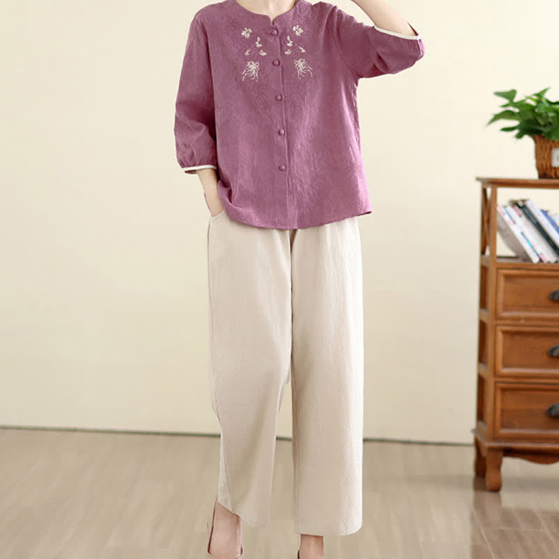 Buddha Stones Camisas de manga tres cuartos para mujer, estilo vintage Tang, con bordado floral, ideales para el verano. - image 4
