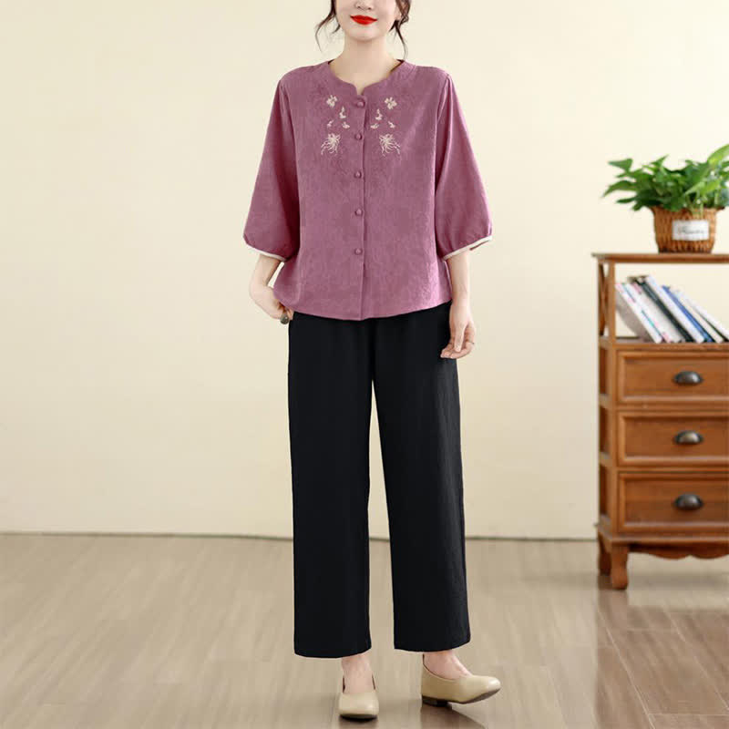 Buddha Stones Camisas de manga tres cuartos para mujer, estilo vintage Tang, con bordado floral, ideales para el verano. - image 5
