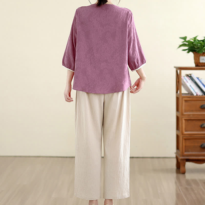Buddha Stones Camisas de manga tres cuartos para mujer, estilo vintage Tang, con bordado floral, ideales para el verano. - image 2