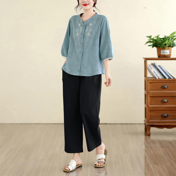 Buddha Stones Camisas de manga tres cuartos para mujer, estilo vintage Tang, con bordado floral, ideales para el verano. - image 23