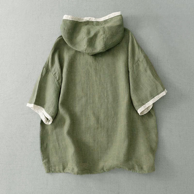 Buddha Stones Camisa de manga corta para mujer, estilo bohemio informal de verano, con botones, color verde liso, capucha y ribete de encaje. - image 1