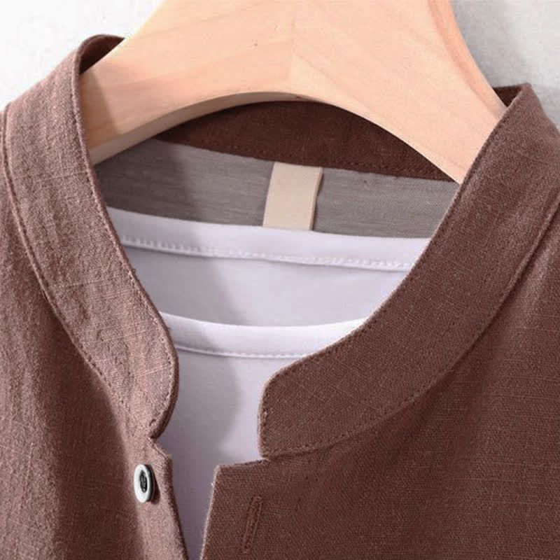 Buddha Stones Camisas de manga larga para hombre de estilo casual Tang con cuello mandarín, color liso, para primavera/verano, con bolsillo. - image 1