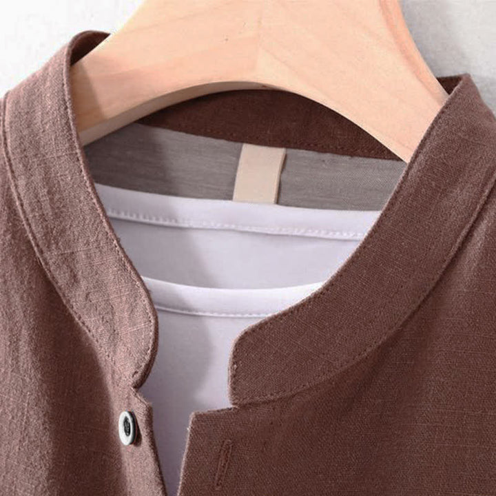 Buddha Stones Camisas de manga larga para hombre de estilo casual Tang con cuello mandarín, color liso, para primavera/verano, con bolsillo. - image 1