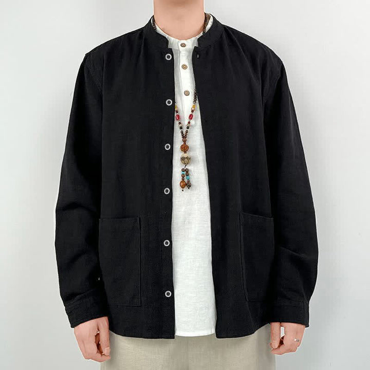 Buddha Stones Camisas de manga larga para hombre de estilo casual Tang con cuello mandarín, color liso, para primavera/verano, con bolsillo. - Negro - US/UK/AU44, EU54 (4XL) - image 12