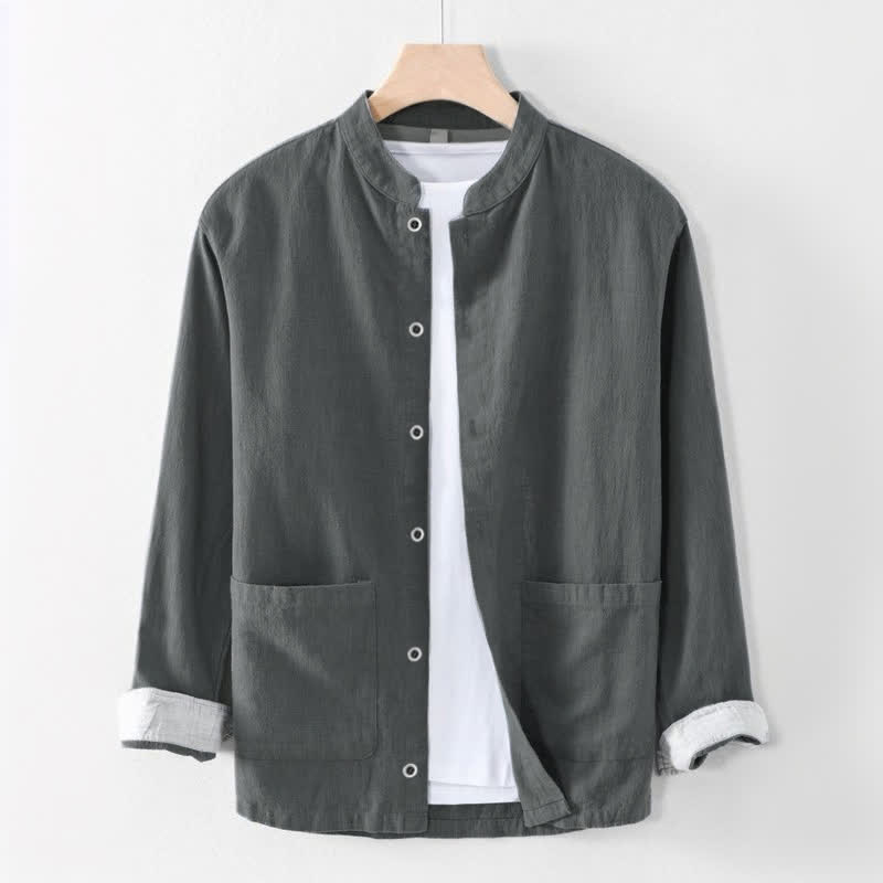 Buddha Stones Camisas de manga larga para hombre de estilo casual Tang con cuello mandarín, color liso, para primavera/verano, con bolsillo. - Gris oscuro - US/UK/AU44, EU54 (4XL) - image 3