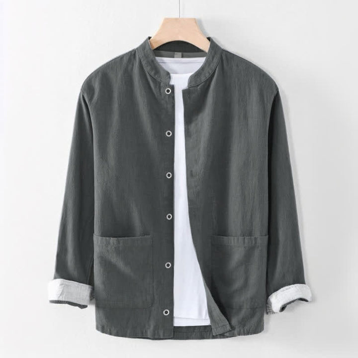 Buddha Stones Camisas de manga larga para hombre de estilo casual Tang con cuello mandarín, color liso, para primavera/verano, con bolsillo. - Gris oscuro - US/UK/AU44, EU54 (4XL) - image 3