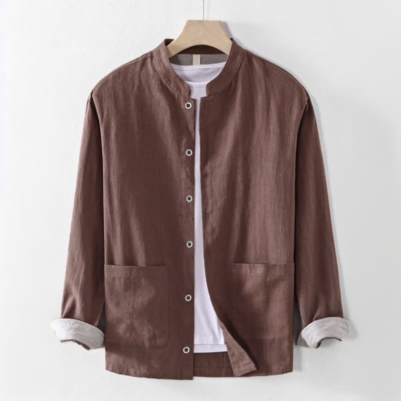 Buddha Stones Camisas de manga larga para hombre de estilo casual Tang con cuello mandarín, color liso, para primavera/verano, con bolsillo. - Tierra de siena - US/UK/AU44, EU54 (4XL) - image 0