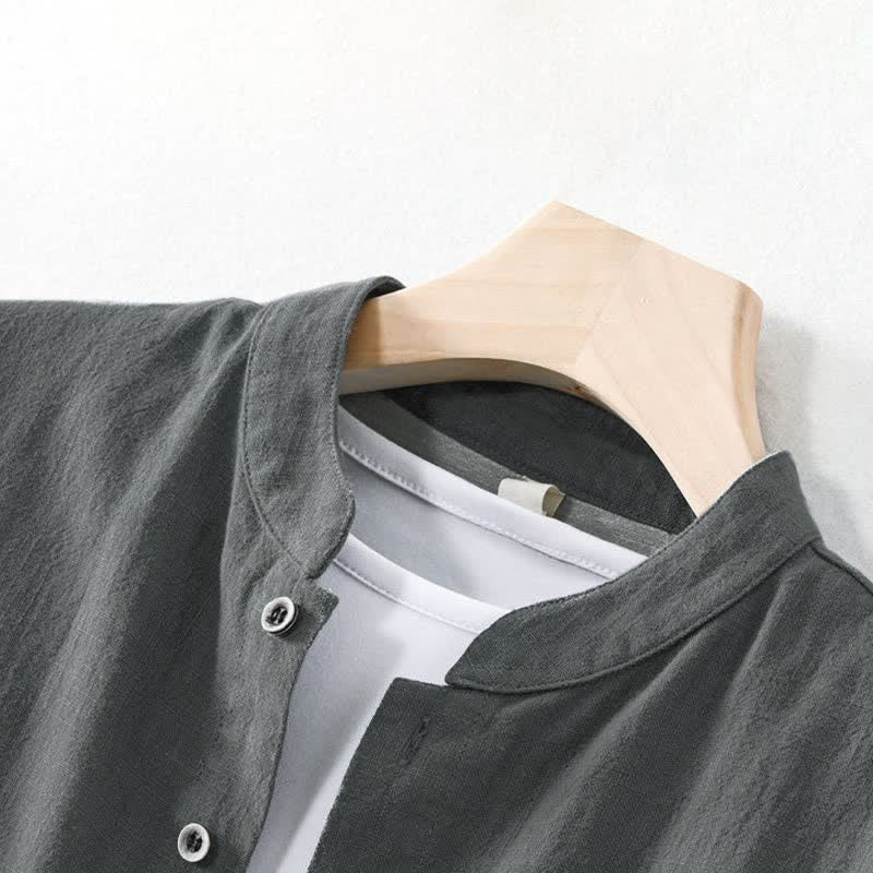 Buddha Stones Camisas de manga larga para hombre de estilo casual Tang con cuello mandarín, color liso, para primavera/verano, con bolsillo. - image 5