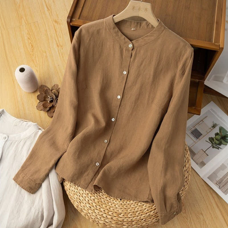Buddha Stones Camisas de manga larga para mujer, estilo casual de otoño, con cuello mandarín y color liso. - image 9