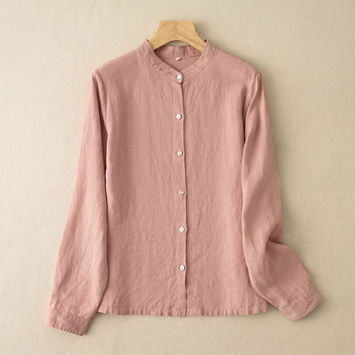 Buddha Stones Camisas de manga larga para mujer, estilo casual de otoño, con cuello mandarín y color liso. - Salmón oscuro - US12, UK/AU16, EU44 (3XL) - image 4