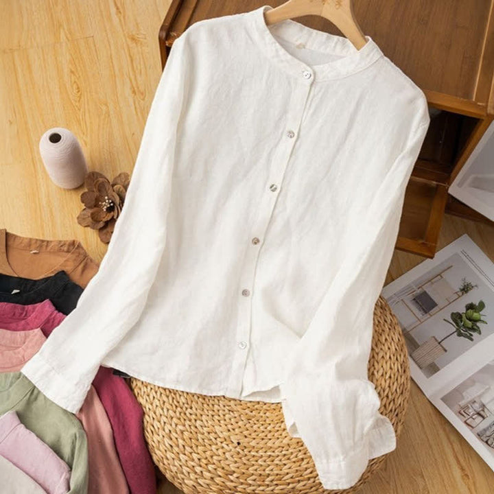 Buddha Stones Camisas de manga larga para mujer, estilo casual de otoño, con cuello mandarín y color liso. - image 23