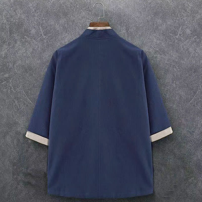 Buddha Stones Kimono de hombre de algodón liso con mangas tres cuartos, estilo casual minimalista, con botones y nudo, ideal para primavera y verano. - image 1