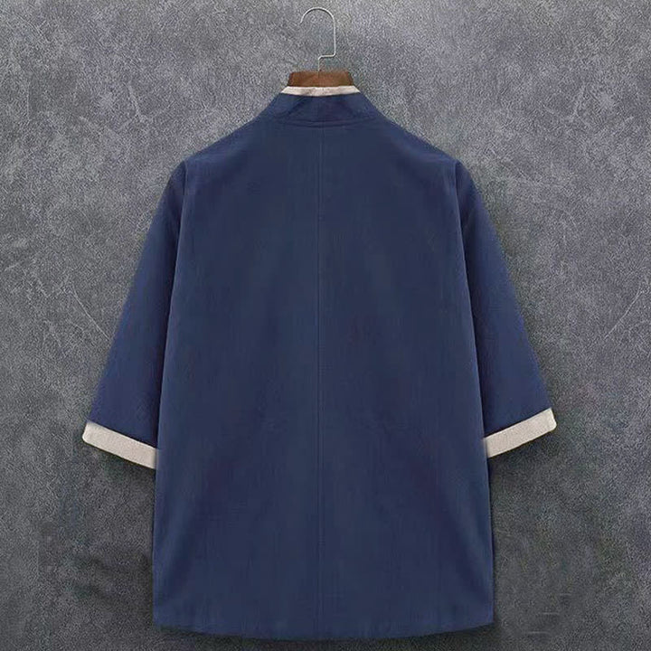 Buddha Stones Kimono de hombre de algodón liso con mangas tres cuartos, estilo casual minimalista, con botones y nudo, ideal para primavera y verano. - image 1