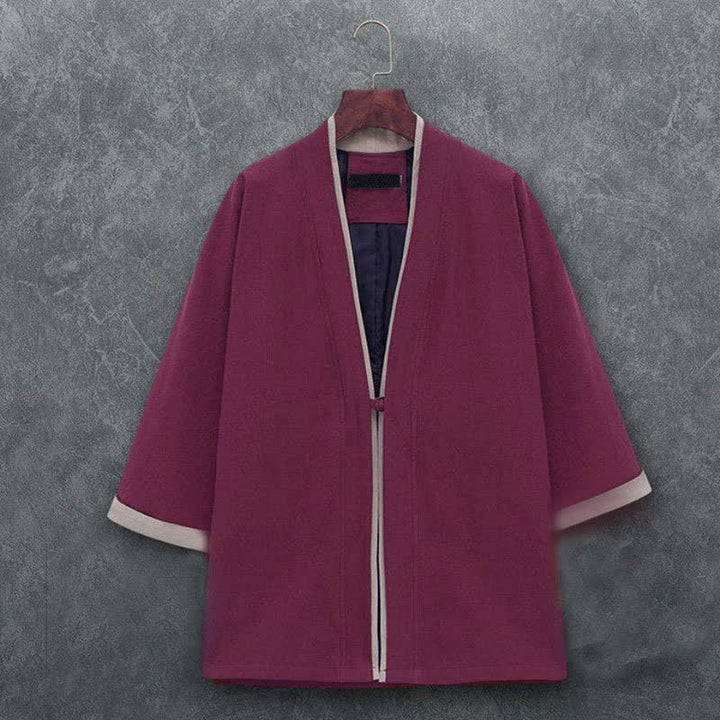 Buddha Stones Kimono de hombre de algodón liso con mangas tres cuartos, estilo casual minimalista, con botones y nudo, ideal para primavera y verano. - Granate - US/UK/AU46, EU56 (5XL) - image 10