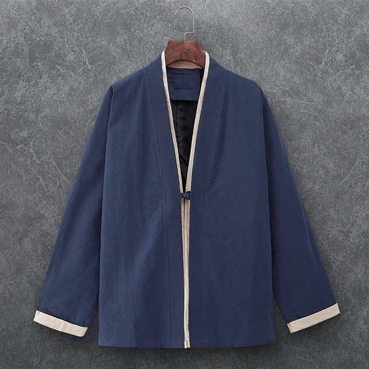 Buddha Stones Kimono de hombre de algodón liso con mangas tres cuartos, estilo casual minimalista, con botones y nudo, ideal para primavera y verano. - Marina de guerra - US/UK/AU46, EU56 (5XL) - image 0
