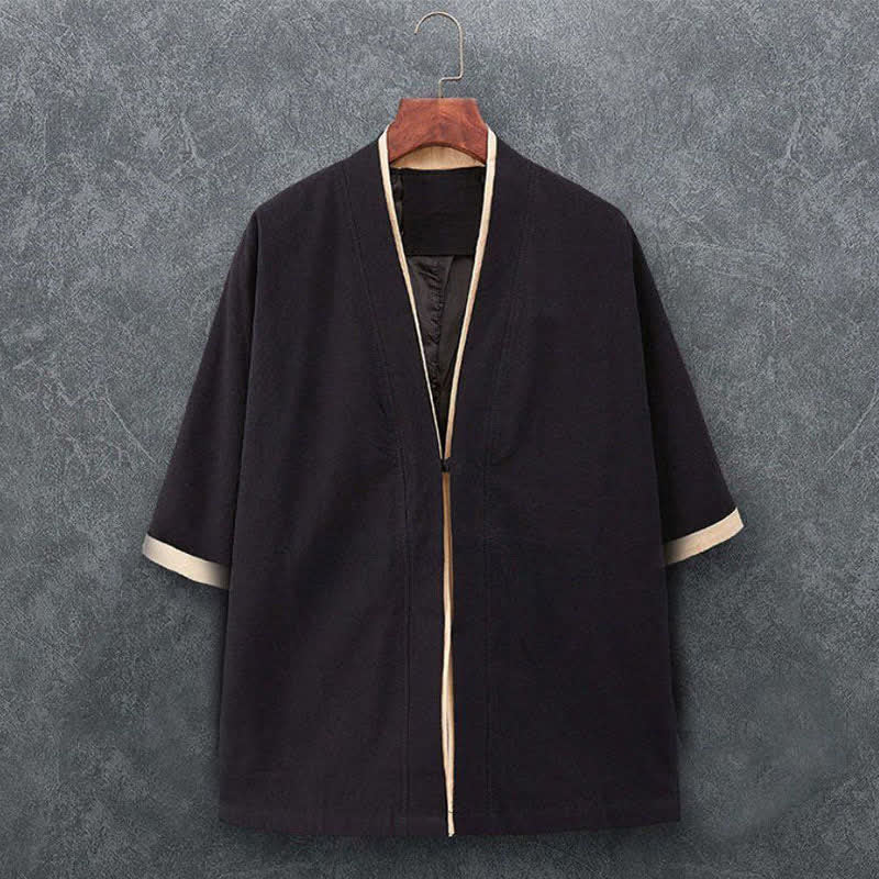 Buddha Stones Kimono de hombre de algodón liso con mangas tres cuartos, estilo casual minimalista, con botones y nudo, ideal para primavera y verano. - Negro - US/UK/AU46, EU56 (5XL) - image 2