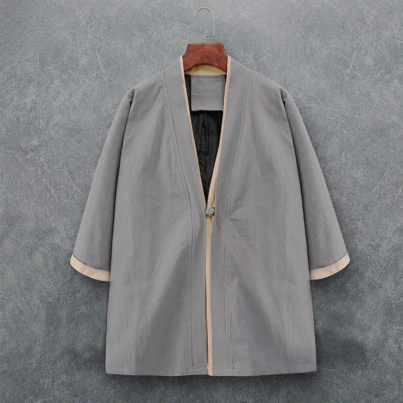 Buddha Stones Kimono de hombre de algodón liso con mangas tres cuartos, estilo casual minimalista, con botones y nudo, ideal para primavera y verano. - Gris claro - US/UK/AU46, EU56 (5XL) - image 8