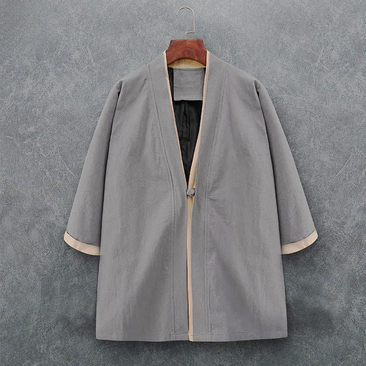Buddha Stones Kimono de hombre de algodón liso con mangas tres cuartos, estilo casual minimalista, con botones y nudo, ideal para primavera y verano. - Gris claro - US/UK/AU46, EU56 (5XL) - image 8