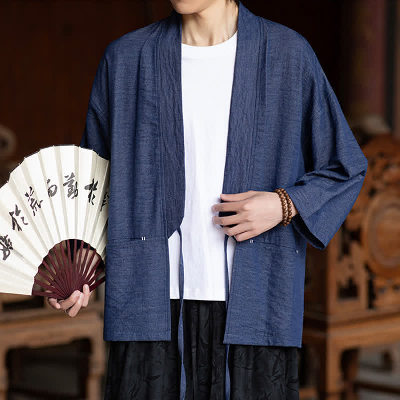 Buddha Stones Kimono de hombre informal minimalista con cordón ajustable, manga tres cuartos, color liso, para primavera/verano, con bolsillo. - image 1