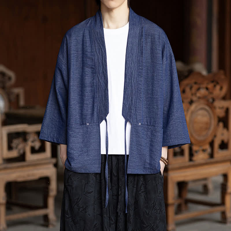 Buddha Stones Kimono de hombre informal minimalista con cordón ajustable, manga tres cuartos, color liso, para primavera/verano, con bolsillo. - Azul pizarra oscuro - US/UK/AU46, EU56 (5XL) - image 0